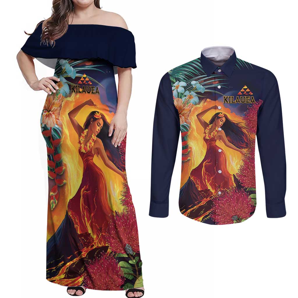 Hawaii Kilauea Big Islands Couples Matching Off Shoulder Maxi Dress and Long Sleeve Button Shirt Pele Goddess With Tropical Flowers LT14 Art - Polynesian Pride