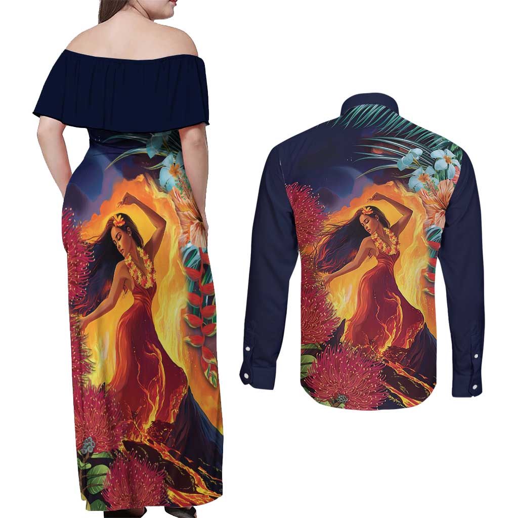 Hawaii Kilauea Big Islands Couples Matching Off Shoulder Maxi Dress and Long Sleeve Button Shirt Pele Goddess With Tropical Flowers LT14 - Polynesian Pride
