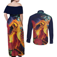 Hawaii Kilauea Big Islands Couples Matching Off Shoulder Maxi Dress and Long Sleeve Button Shirt Pele Goddess With Tropical Flowers LT14 - Polynesian Pride