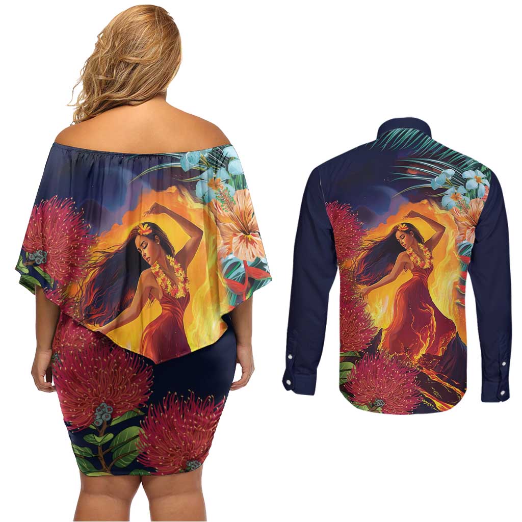 Hawaii Kilauea Big Islands Couples Matching Off Shoulder Short Dress and Long Sleeve Button Shirt Pele Goddess With Tropical Flowers LT14 - Polynesian Pride