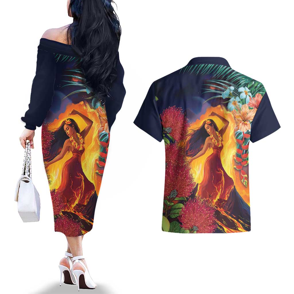 Hawaii Kilauea Big Islands Couples Matching Off The Shoulder Long Sleeve Dress and Hawaiian Shirt Pele Goddess With Tropical Flowers