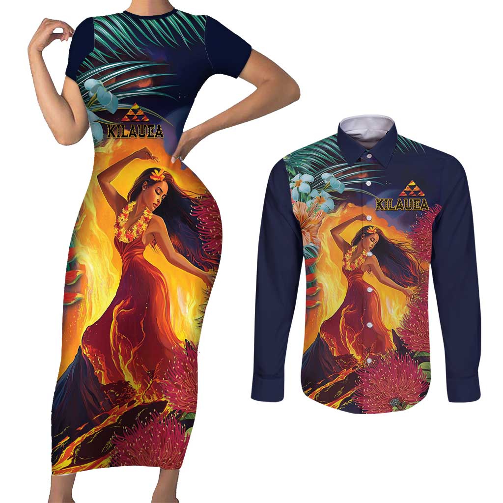 Hawaii Kilauea Big Islands Couples Matching Short Sleeve Bodycon Dress and Long Sleeve Button Shirt Pele Goddess With Tropical Flowers LT14 Art - Polynesian Pride