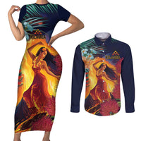 Hawaii Kilauea Big Islands Couples Matching Short Sleeve Bodycon Dress and Long Sleeve Button Shirt Pele Goddess With Tropical Flowers LT14 Art - Polynesian Pride