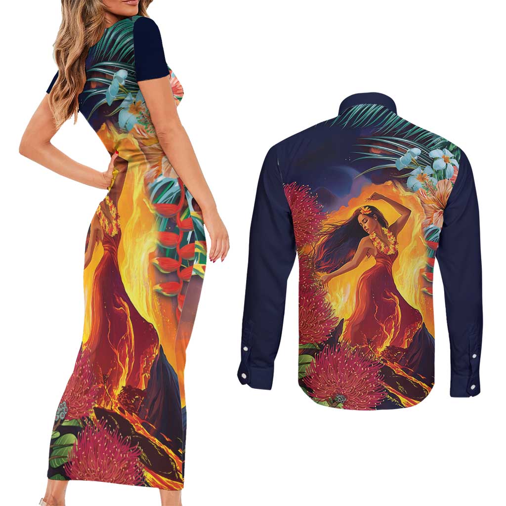 Hawaii Kilauea Big Islands Couples Matching Short Sleeve Bodycon Dress and Long Sleeve Button Shirt Pele Goddess With Tropical Flowers LT14 - Polynesian Pride