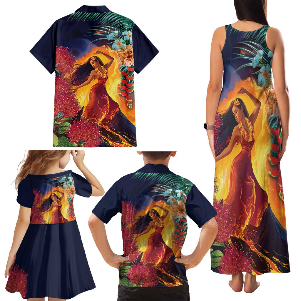 Hawaii Kilauea Big Islands Family Matching Tank Maxi Dress and Hawaiian Shirt Pele Goddess With Tropical Flowers