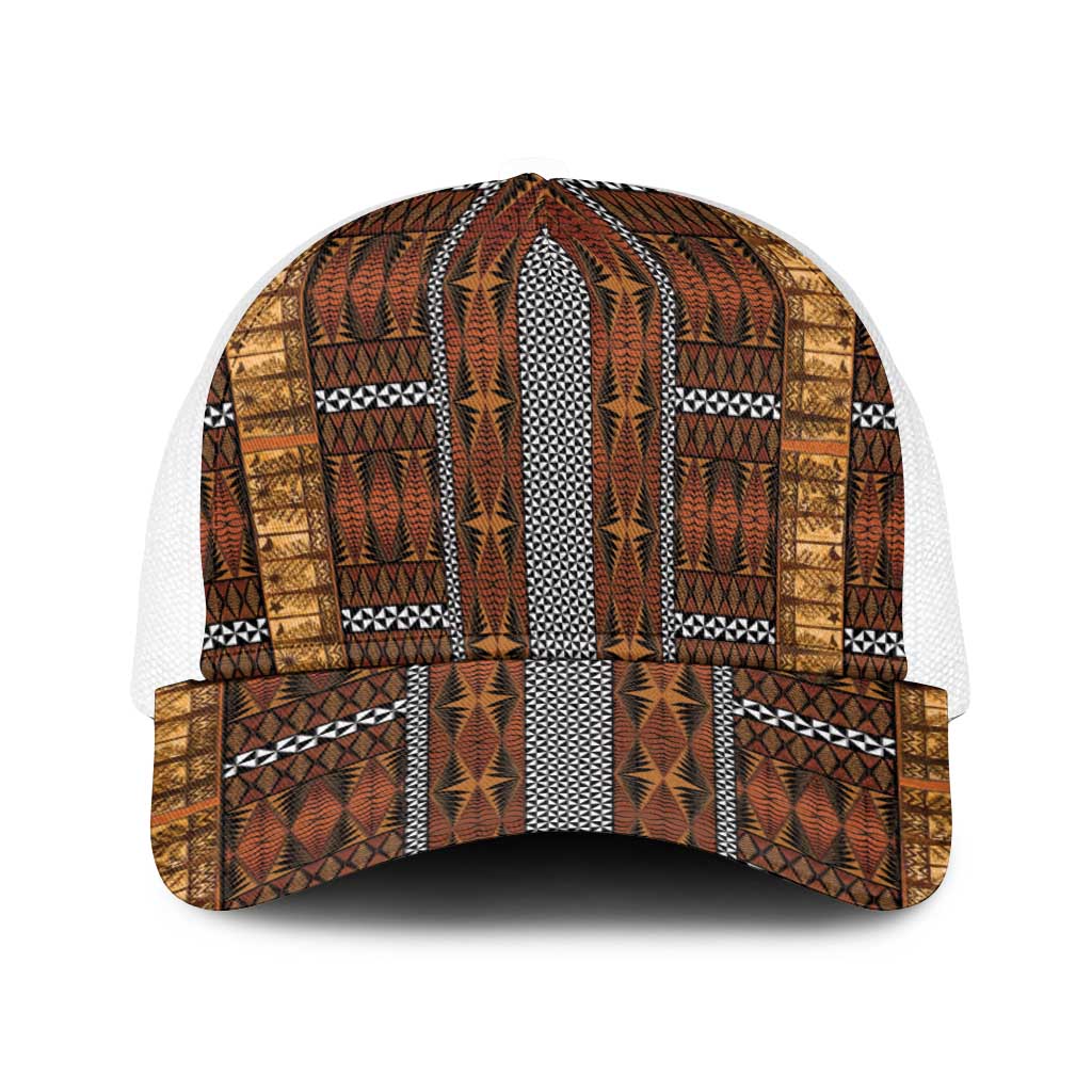 Malo e Lelei Tonga Baseball Net Cap Tongan Ngatu Tapa Cloth LT14 One Size White Orange - Polynesian Pride