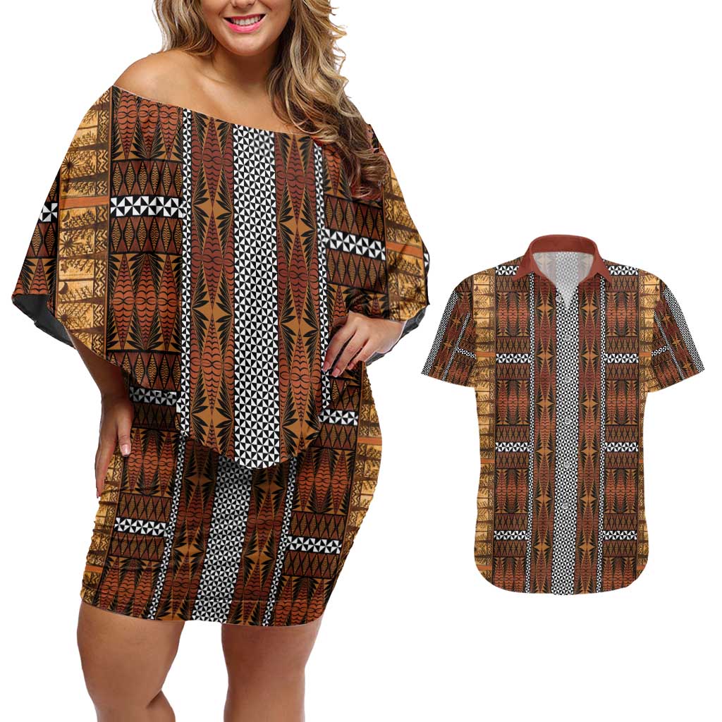 Malo e Lelei Tonga Couples Matching Off Shoulder Short Dress and Hawaiian Shirt Tongan Ngatu Tapa Cloth - Polynesian Pride