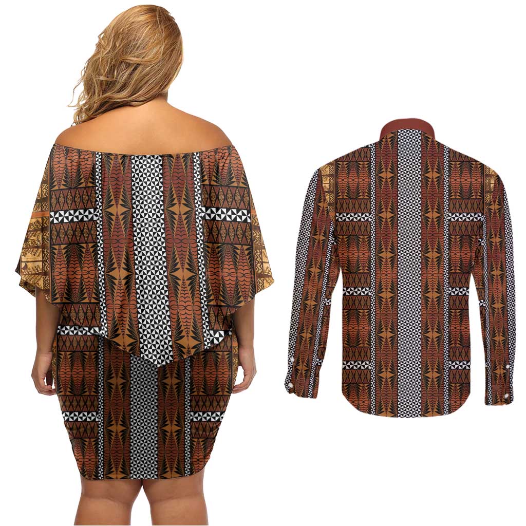 Malo e Lelei Tonga Couples Matching Off Shoulder Short Dress and Long Sleeve Button Shirt Tongan Ngatu Tapa Cloth - Polynesian Pride