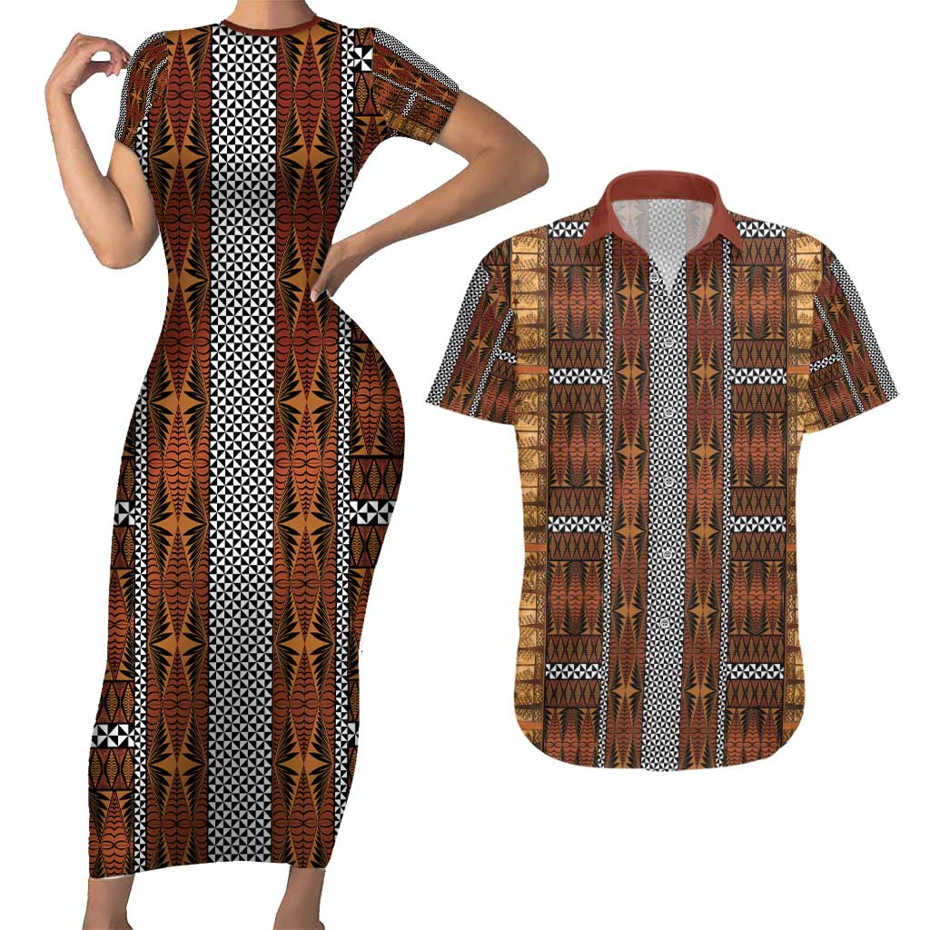 Malo e Lelei Tonga Couples Matching Short Sleeve Bodycon Dress and Hawaiian Shirt Tongan Ngatu Tapa Cloth - Polynesian Pride