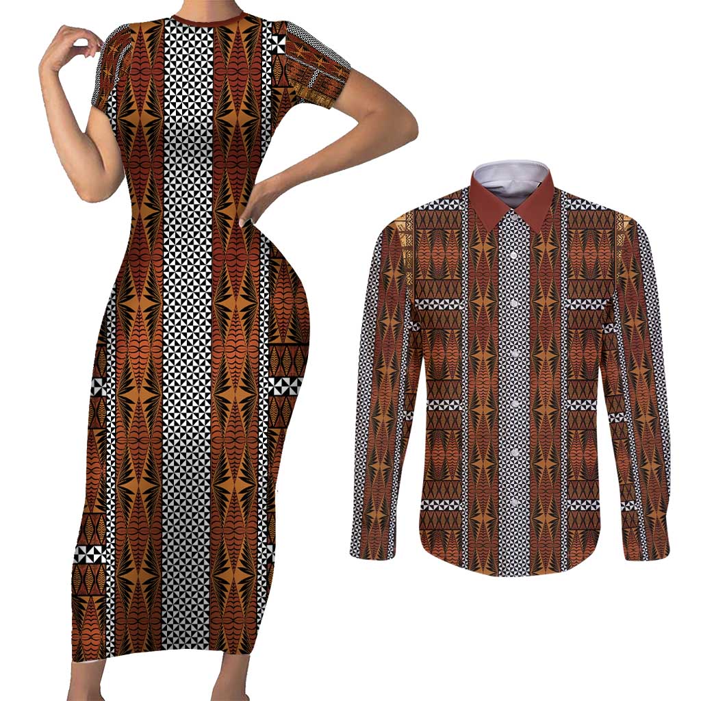 Malo e Lelei Tonga Couples Matching Short Sleeve Bodycon Dress and Long Sleeve Button Shirt Tongan Ngatu Tapa Cloth - Polynesian Pride