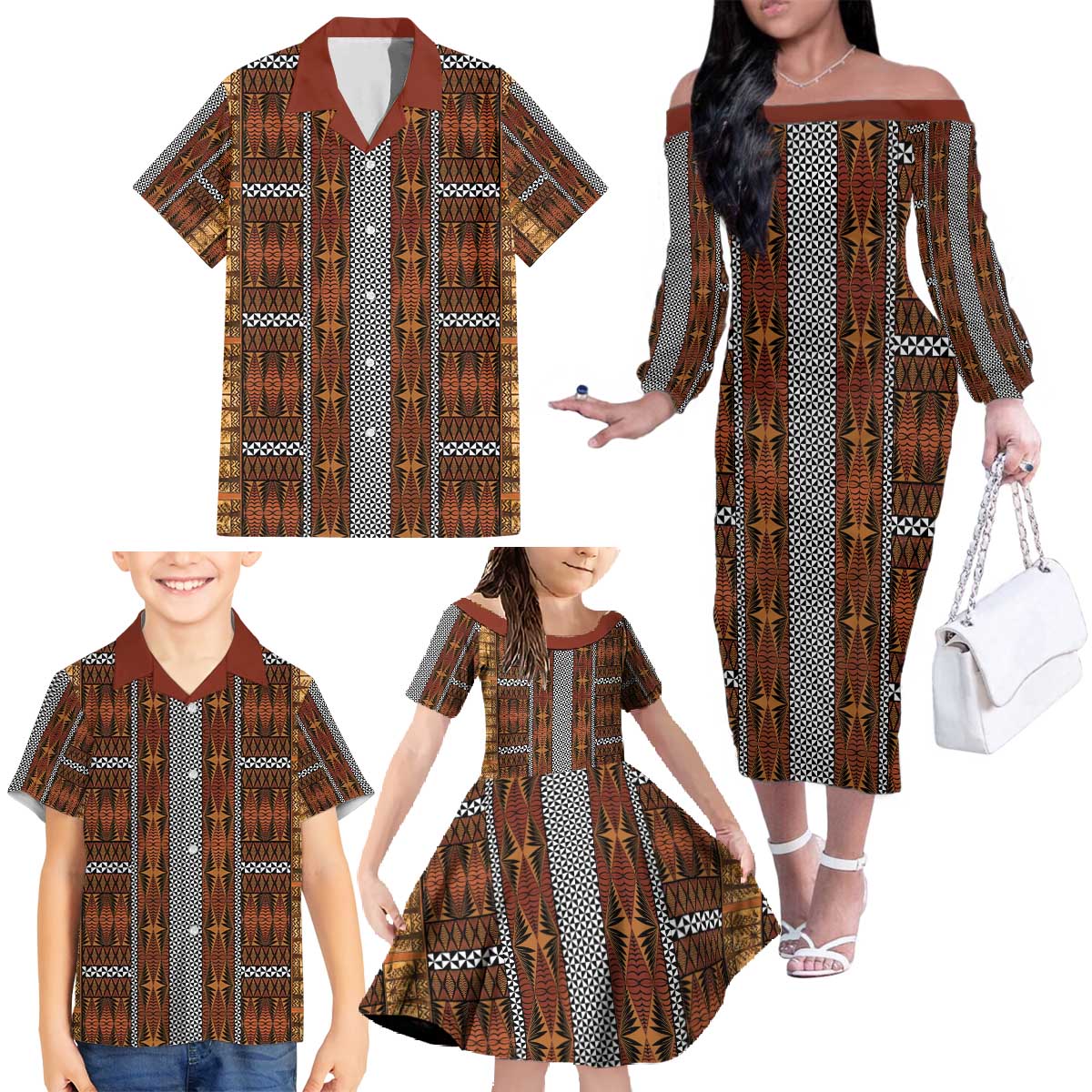 Malo e Lelei Tonga Family Matching Off The Shoulder Long Sleeve Dress and Hawaiian Shirt Tongan Ngatu Tapa Cloth - Polynesian Pride