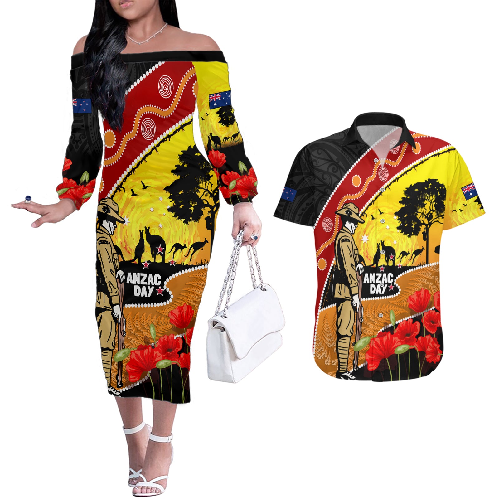 New Zealand And Australia ANZAC Day Couples Matching Off The Shoulder Long Sleeve Dress and Hawaiian Shirt Aboriginal Maori Starring Night Style LT14 Gold - Polynesian Pride