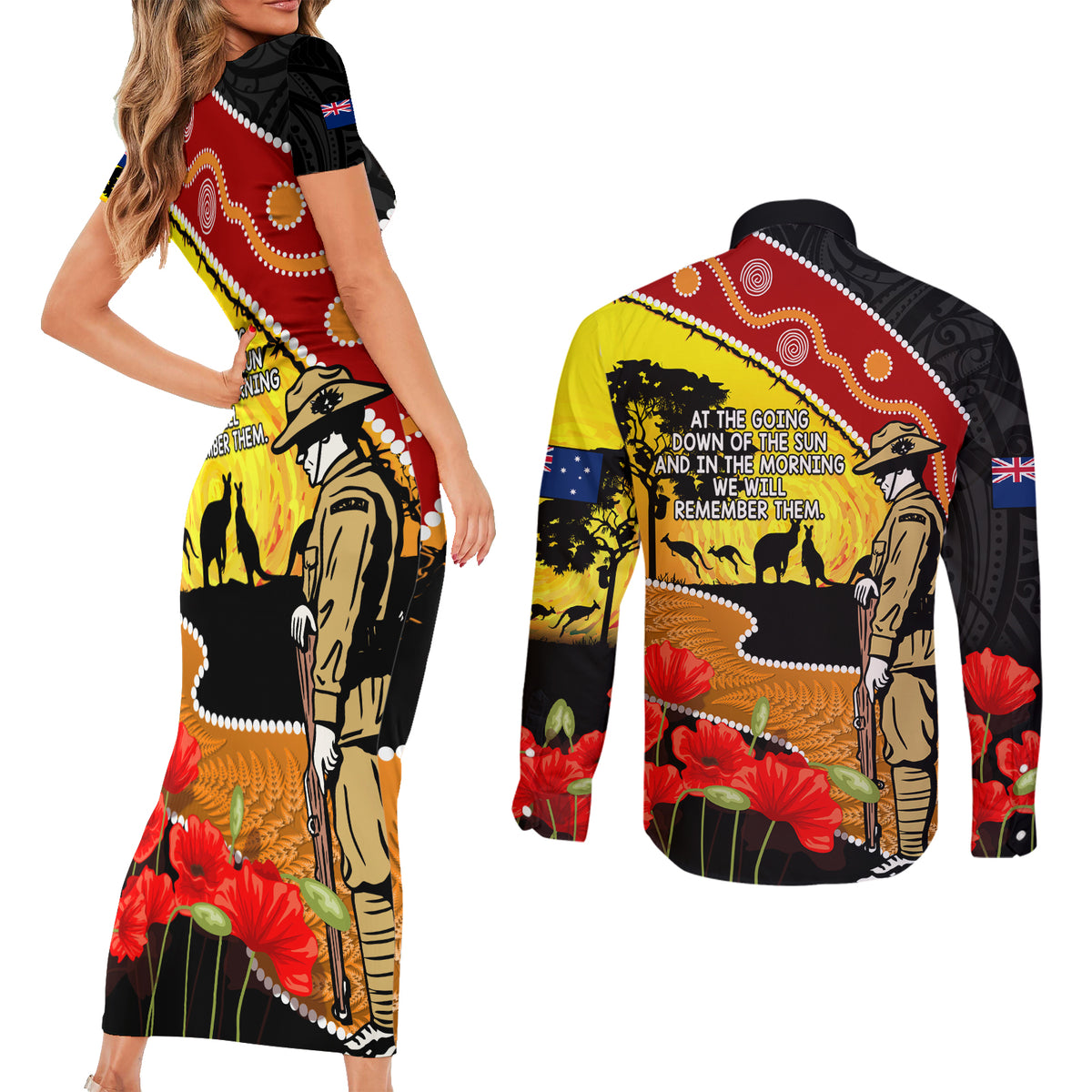 New Zealand And Australia ANZAC Day Couples Matching Short Sleeve Bodycon Dress and Long Sleeve Button Shirt Aboriginal Maori Starring Night Style LT14 - Polynesian Pride