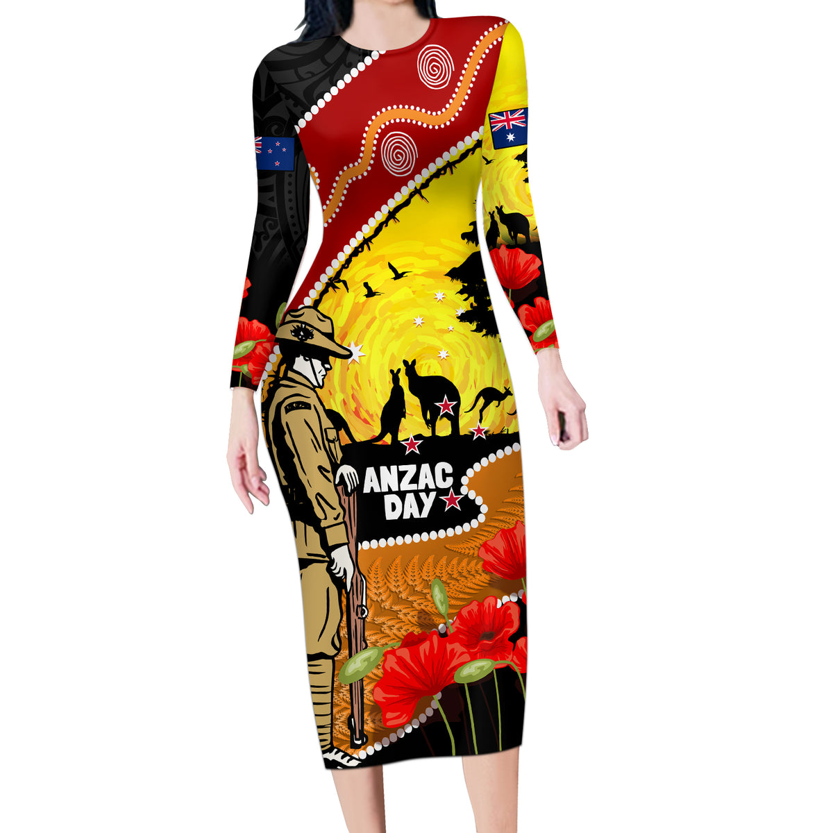 New Zealand And Australia ANZAC Day Long Sleeve Bodycon Dress Aboriginal Maori Starring Night Style LT14 Long Dress Gold - Polynesian Pride