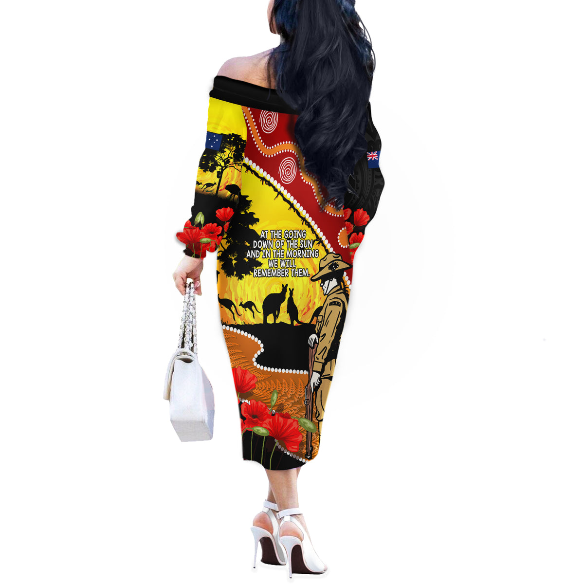 New Zealand And Australia ANZAC Day Off The Shoulder Long Sleeve Dress Aboriginal Maori Starring Night Style LT14 - Polynesian Pride