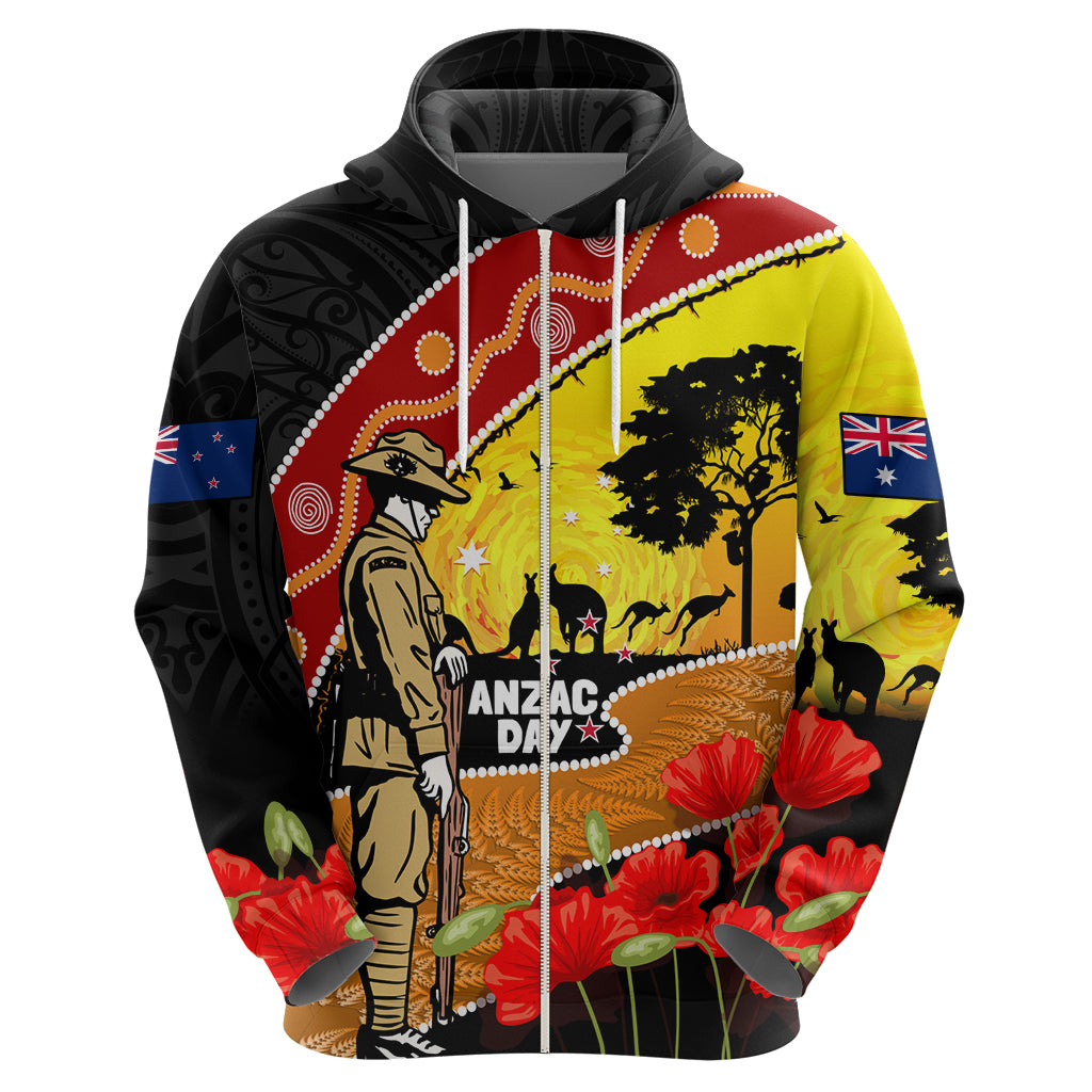 New Zealand And Australia ANZAC Day Zip Hoodie Aboriginal Maori Starring Night Style LT14 - Polynesian Pride