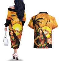 Aloha Hawaii Women's Day Couples Matching Off The Shoulder Long Sleeve Dress and Hawaiian Shirt Hula Girl With Sunset Vibes LT14 - Polynesian Pride