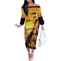 Aloha Hawaii Women's Day Family Matching Off Shoulder Long Sleeve Dress and Hawaiian Shirt Hula Girl With Sunset Vibes LT14 Mom's Dress Yellow - Polynesian Pride