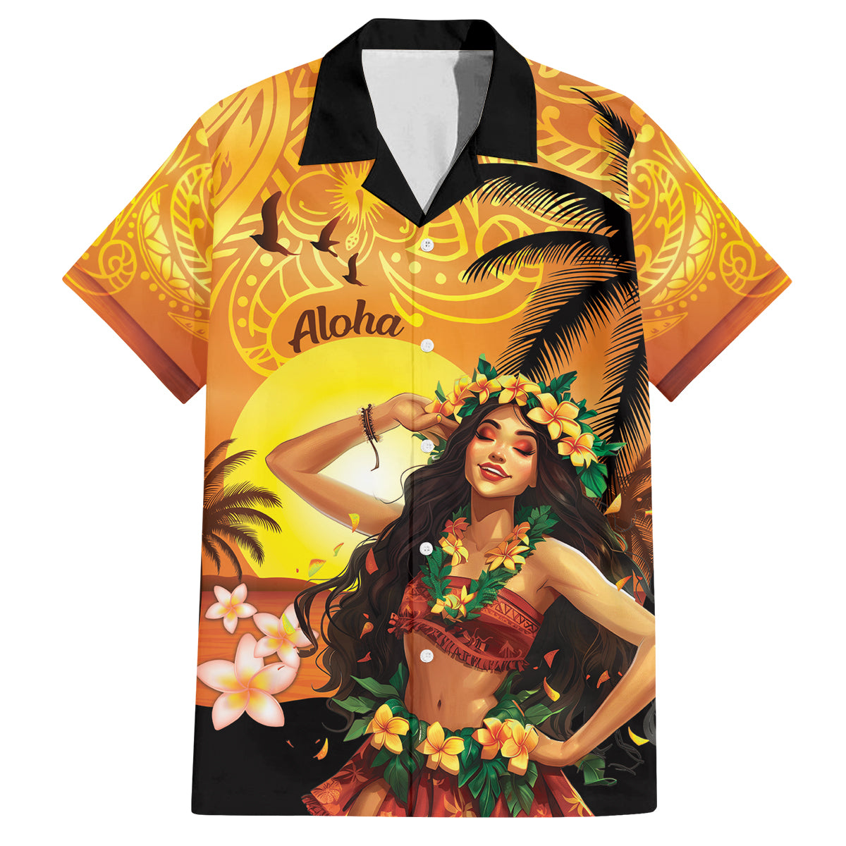 Aloha Hawaii Women's Day Family Matching Off Shoulder Short Dress and Hawaiian Shirt Hula Girl With Sunset Vibes LT14 Dad's Shirt - Short Sleeve Yellow - Polynesian Pride