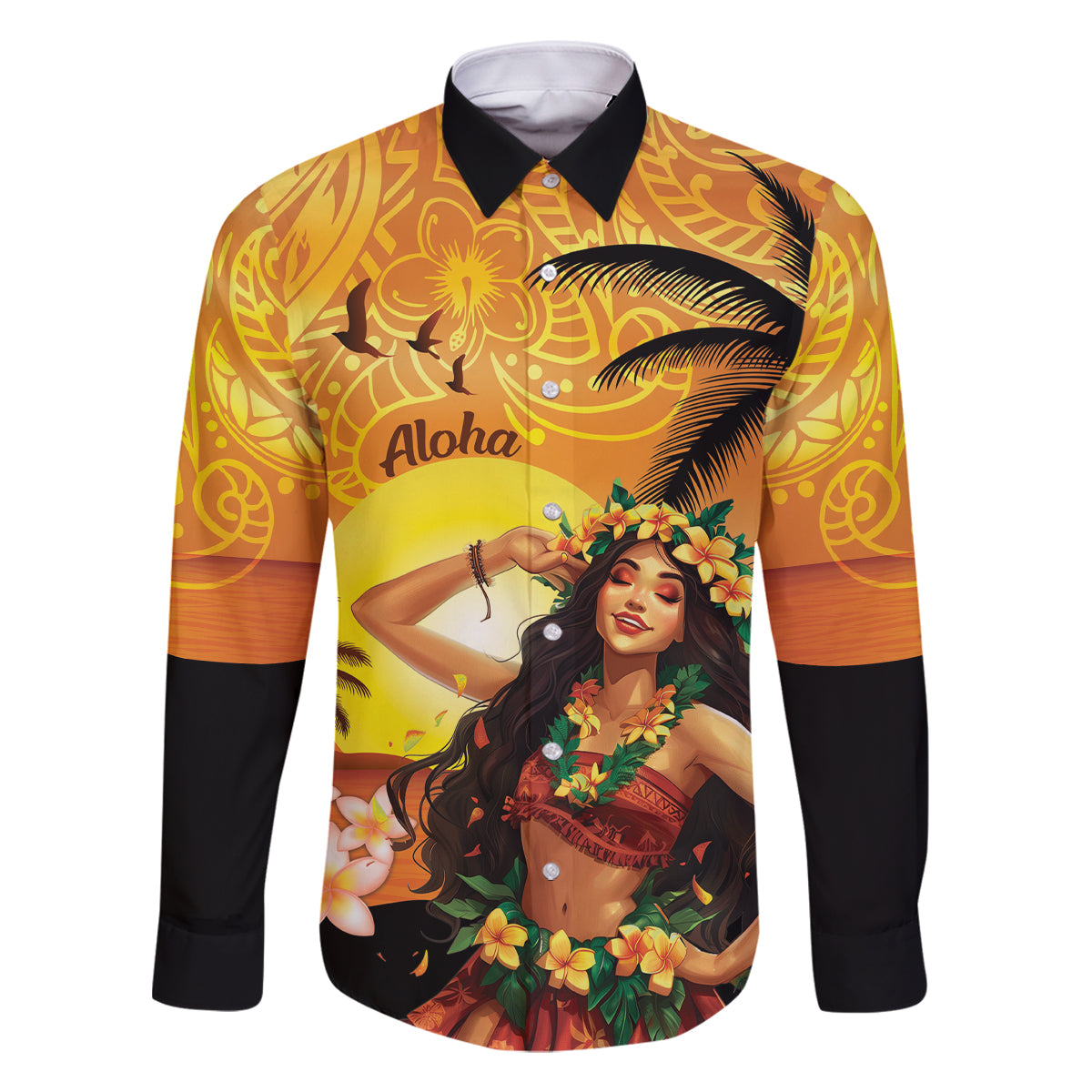 Aloha Hawaii Women's Day Family Matching Tank Maxi Dress and Hawaiian Shirt Hula Girl With Sunset Vibes LT14 Dad's Shirt - Long Sleeve Yellow - Polynesian Pride