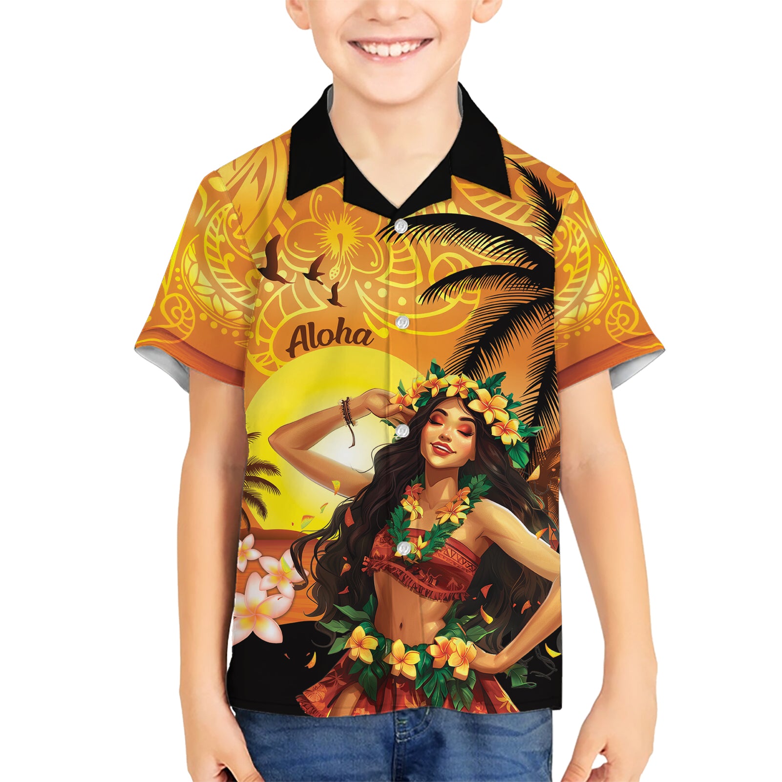 Aloha Hawaii Women's Day Kid Hawaiian Shirt Hula Girl With Sunset Vibes LT14 Kid Yellow - Polynesian Pride