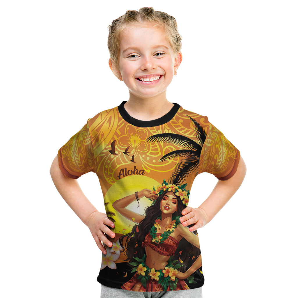 Aloha Hawaii Women's Day Kid T Shirt Hula Girl With Sunset Vibes LT14 Yellow - Polynesian Pride