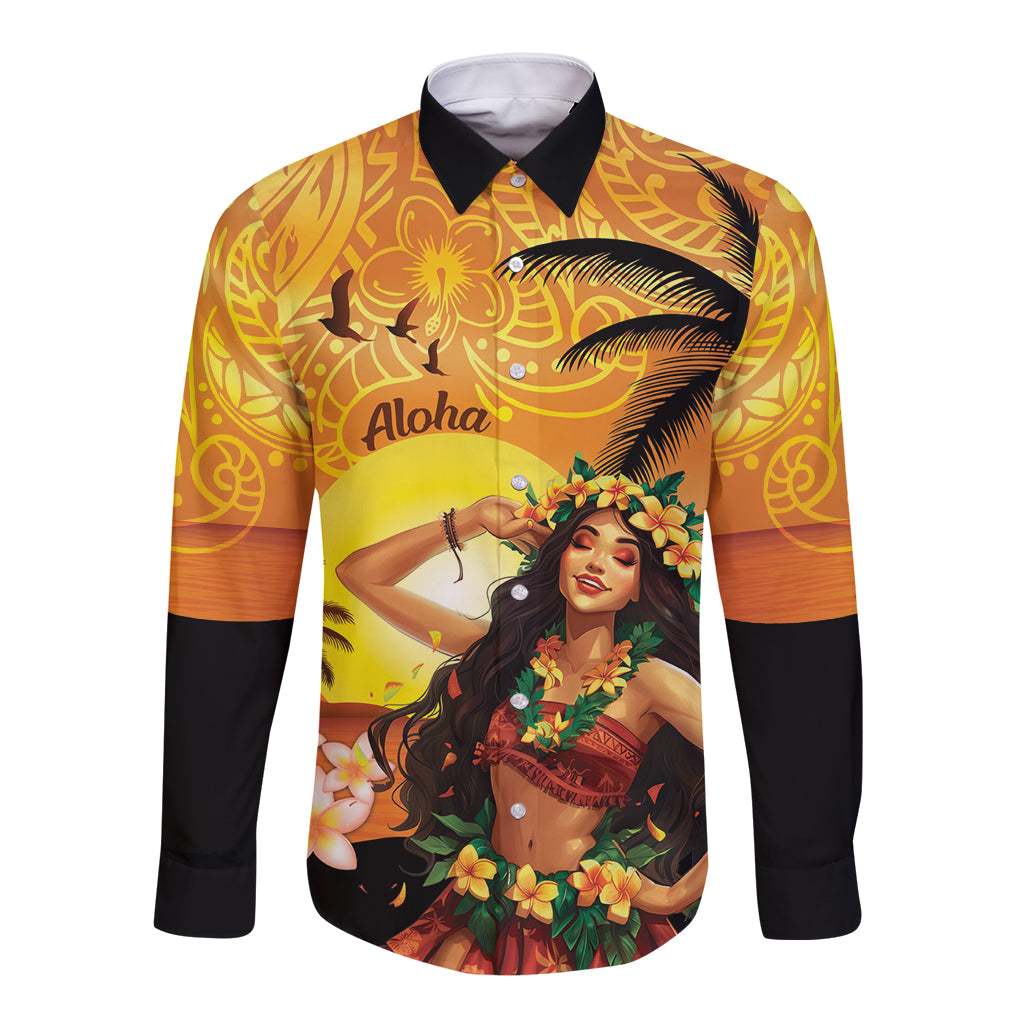 Aloha Hawaii Women's Day Long Sleeve Button Shirt Hula Girl With Sunset Vibes LT14 Unisex Yellow - Polynesian Pride