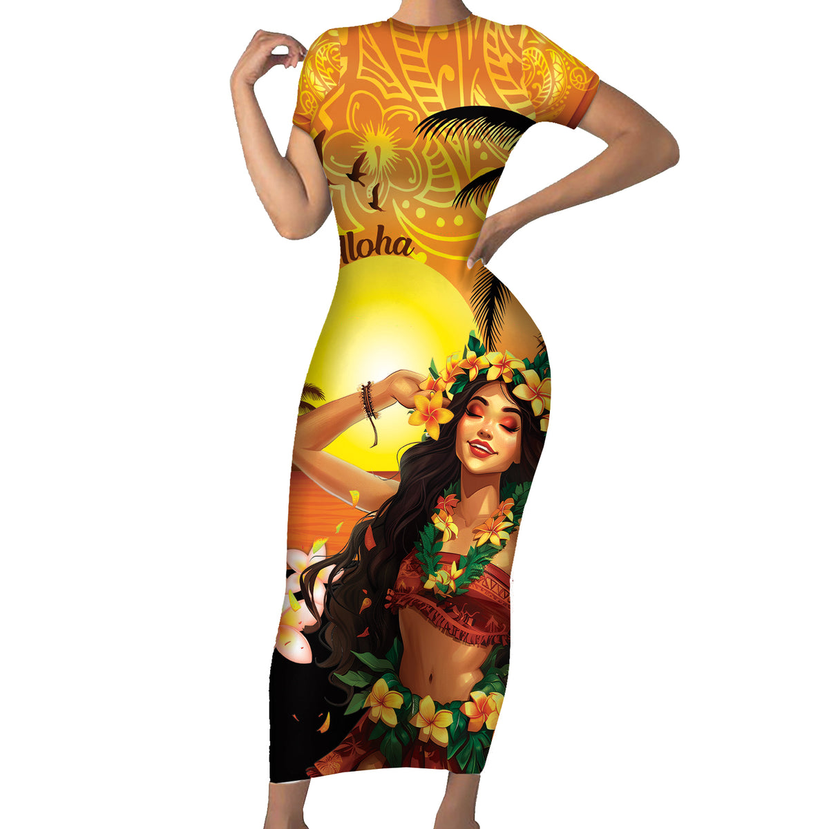 Aloha Hawaii Women's Day Short Sleeve Bodycon Dress Hula Girl With Sunset Vibes LT14 Long Dress Yellow - Polynesian Pride