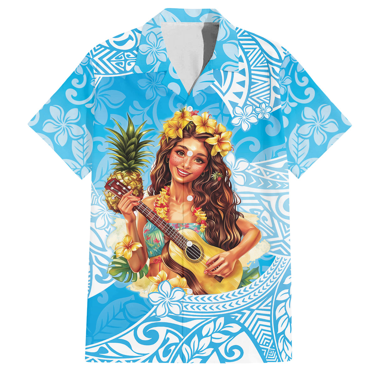 Aloha Hawaii Women's Day Family Matching Long Sleeve Bodycon Dress and Hawaiian Shirt Hula Girl With Ukulele Tropical Style LT14 Dad's Shirt - Short Sleeve Blue - Polynesian Pride