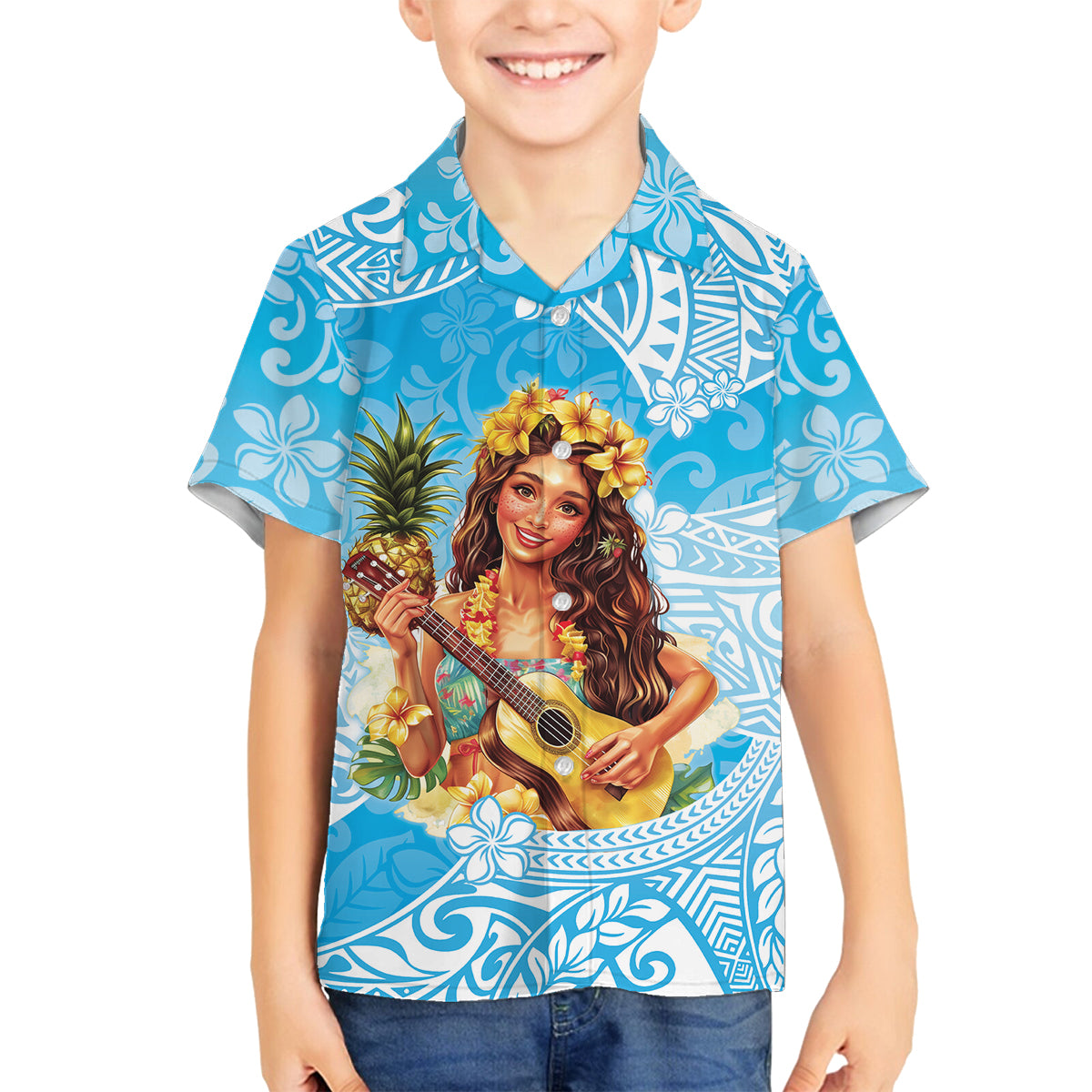 Aloha Hawaii Women's Day Family Matching Long Sleeve Bodycon Dress and Hawaiian Shirt Hula Girl With Ukulele Tropical Style LT14 Son's Shirt Blue - Polynesian Pride