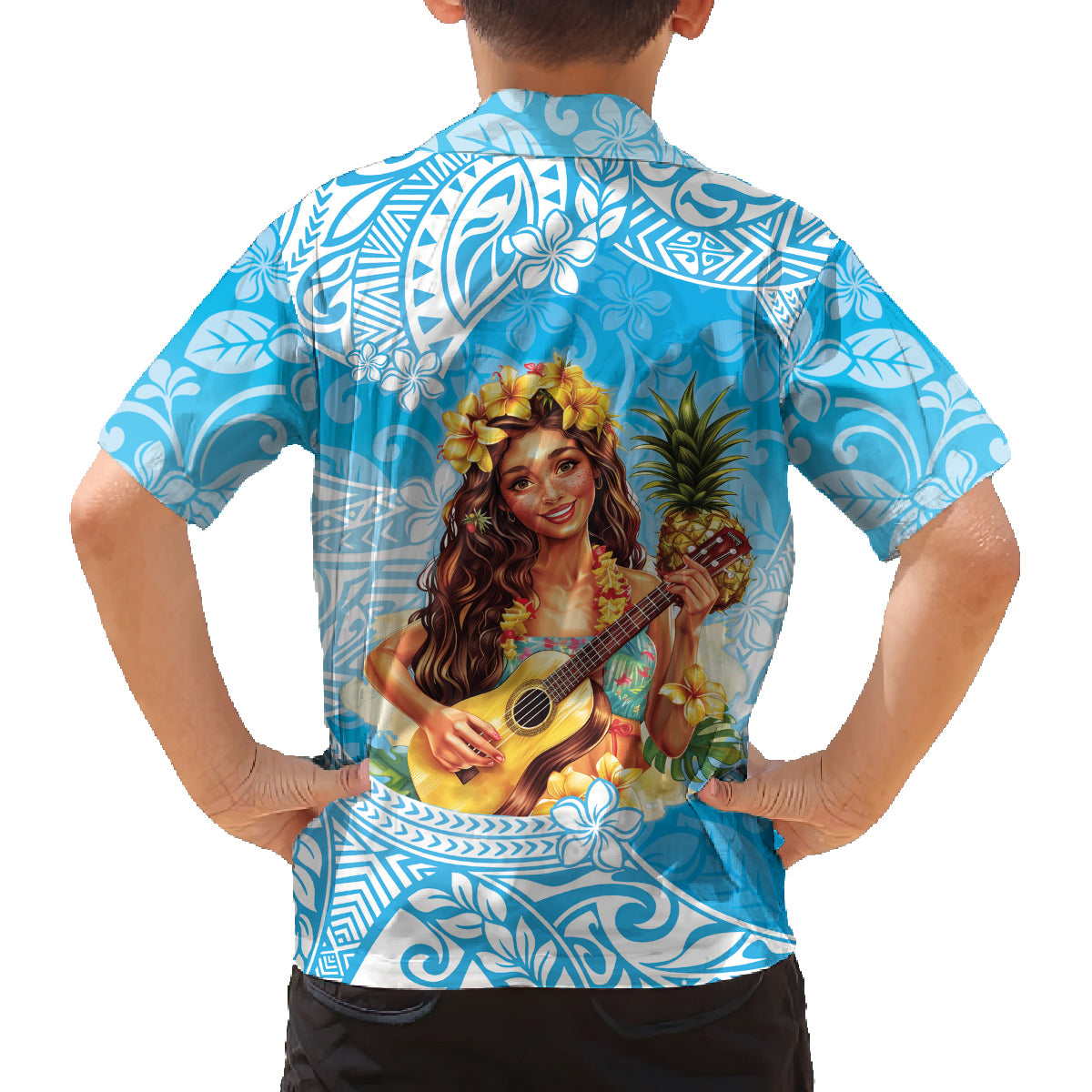 Aloha Hawaii Women's Day Family Matching Off Shoulder Long Sleeve Dress and Hawaiian Shirt Hula Girl With Ukulele Tropical Style LT14 - Polynesian Pride