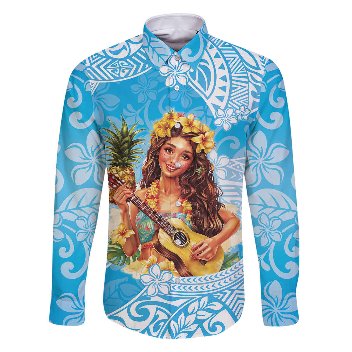 Aloha Hawaii Women's Day Family Matching Off Shoulder Maxi Dress and Hawaiian Shirt Hula Girl With Ukulele Tropical Style LT14 Dad's Shirt - Long Sleeve Blue - Polynesian Pride