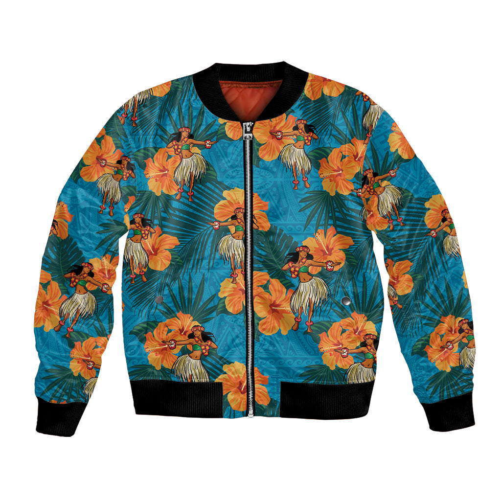 Hawaii Luau Party Bomber Jacket Dancing Girl Tropical Flowers LT14 Unisex Blue - Polynesian Pride