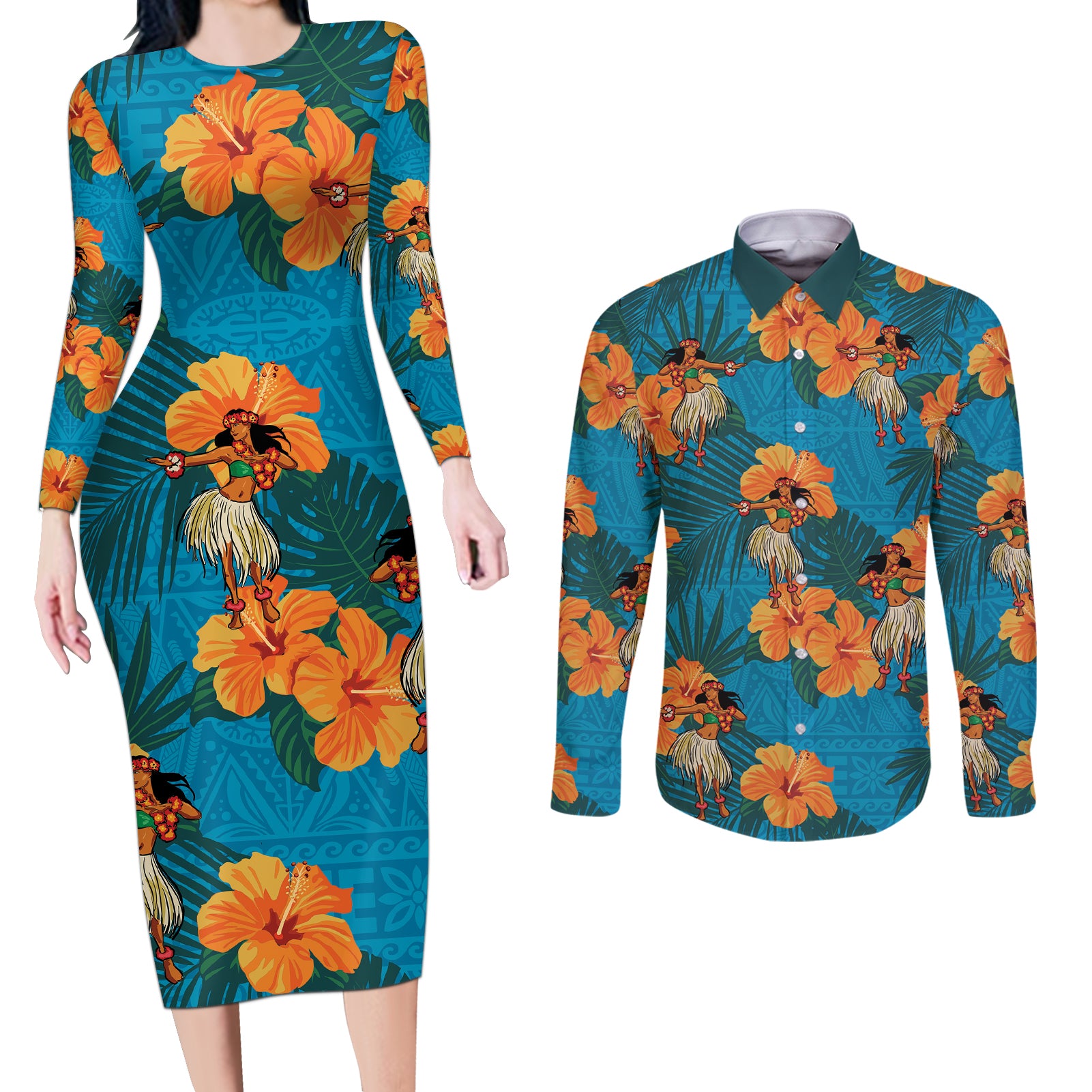 Hawaii Luau Party Couples Matching Long Sleeve Bodycon Dress and Long Sleeve Button Shirt Dancing Girl Tropical Flowers LT14 Blue - Polynesian Pride