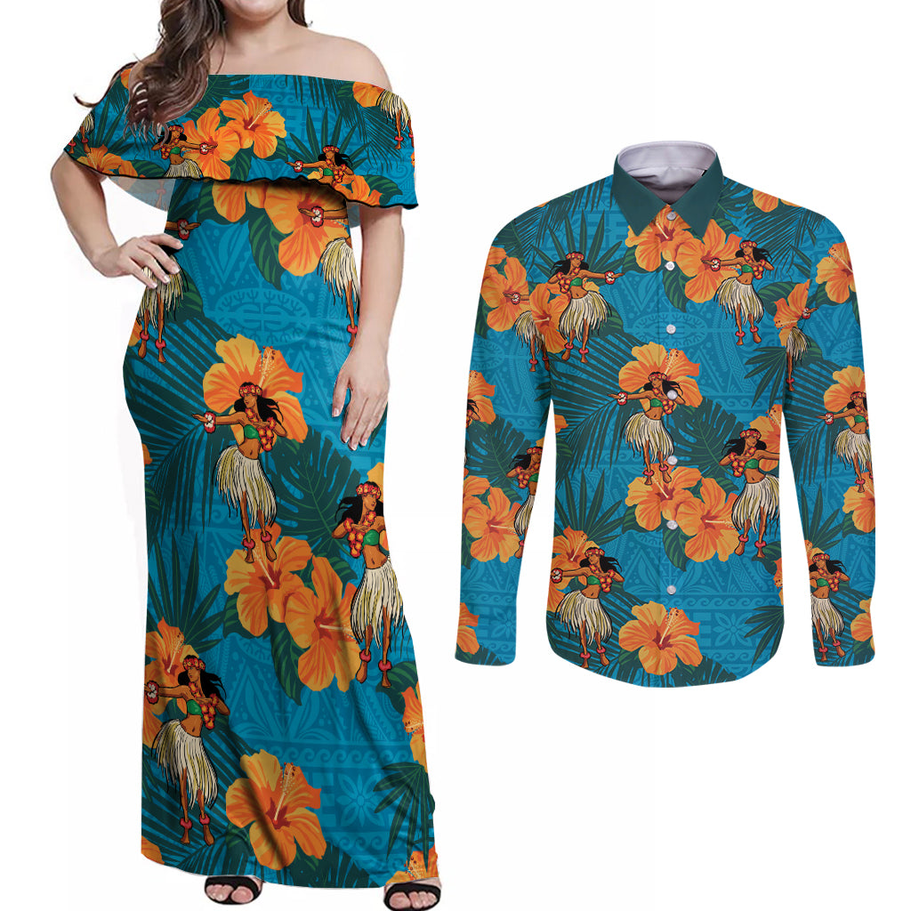 Hawaii Luau Party Couples Matching Off Shoulder Maxi Dress and Long Sleeve Button Shirt Dancing Girl Tropical Flowers LT14 Blue - Polynesian Pride