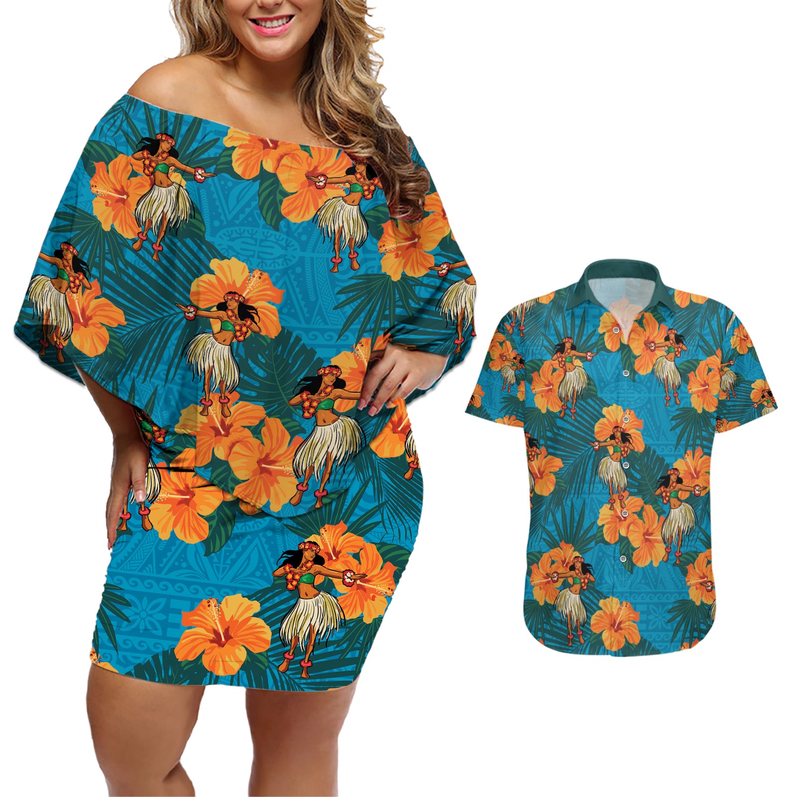 Hawaii Luau Party Couples Matching Off Shoulder Short Dress and Hawaiian Shirt Dancing Girl Tropical Flowers LT14 Blue - Polynesian Pride