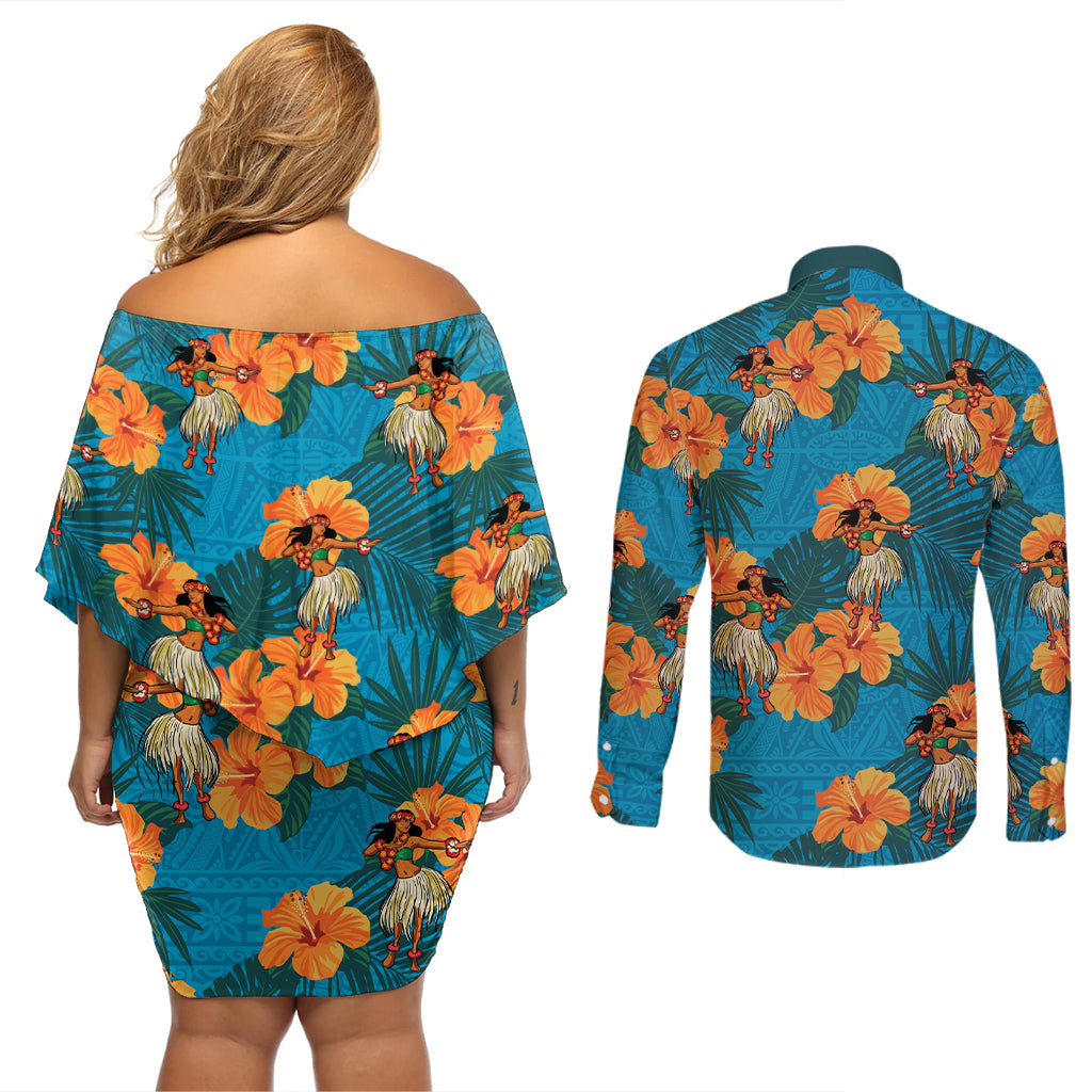 Hawaii Luau Party Couples Matching Off Shoulder Short Dress and Long Sleeve Button Shirt Dancing Girl Tropical Flowers LT14 - Polynesian Pride