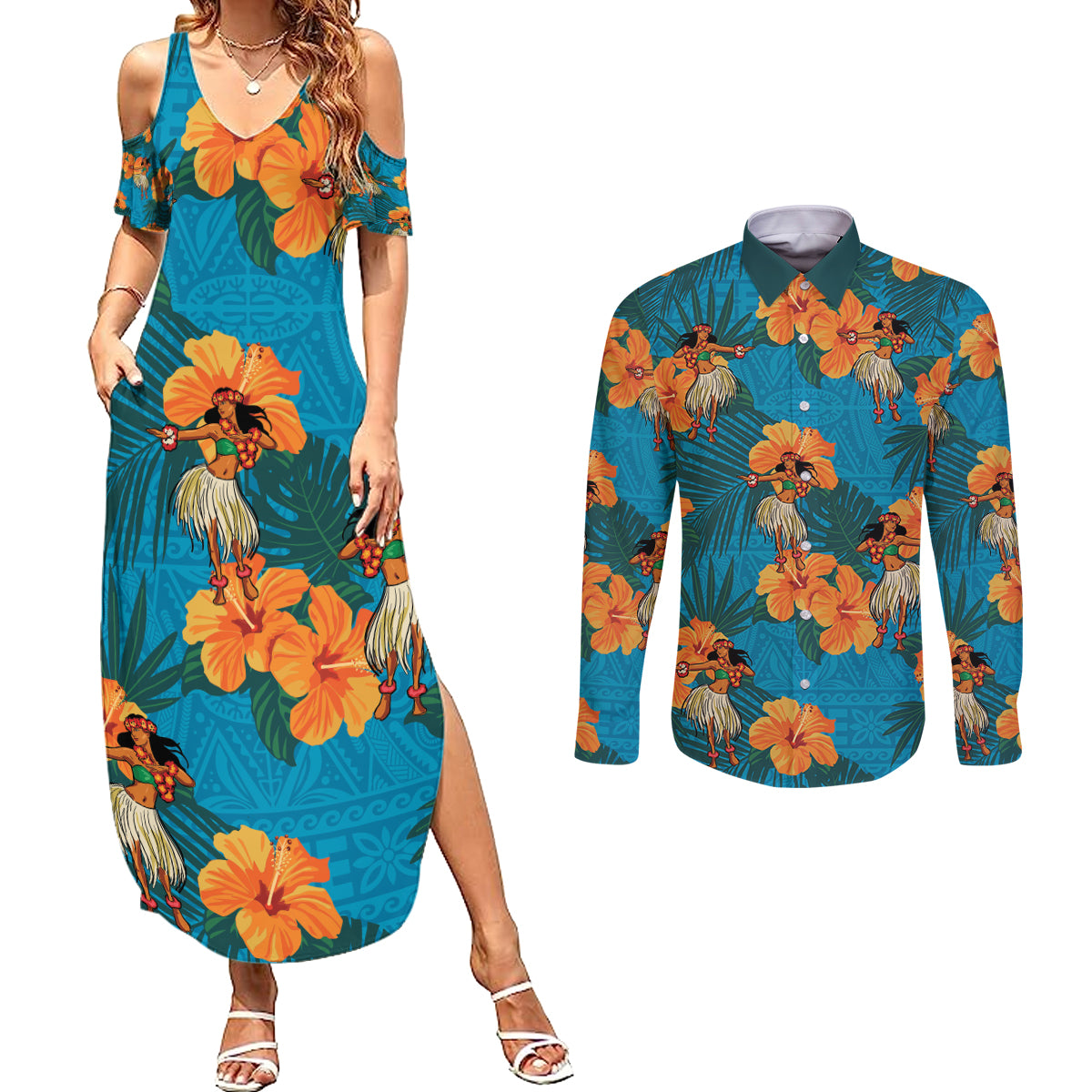 Hawaii Luau Party Couples Matching Summer Maxi Dress and Long Sleeve Button Shirt Dancing Girl Tropical Flowers LT14 Blue - Polynesian Pride