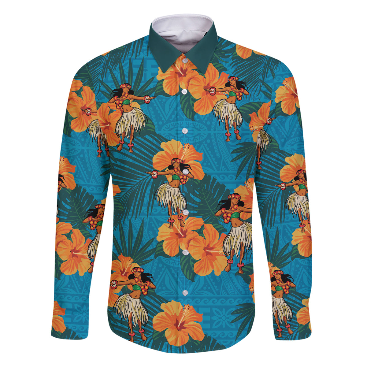 Hawaii Luau Party Family Matching Off Shoulder Long Sleeve Dress and Hawaiian Shirt Dancing Girl Tropical Flowers LT14 Dad's Shirt - Long Sleeve Blue - Polynesian Pride