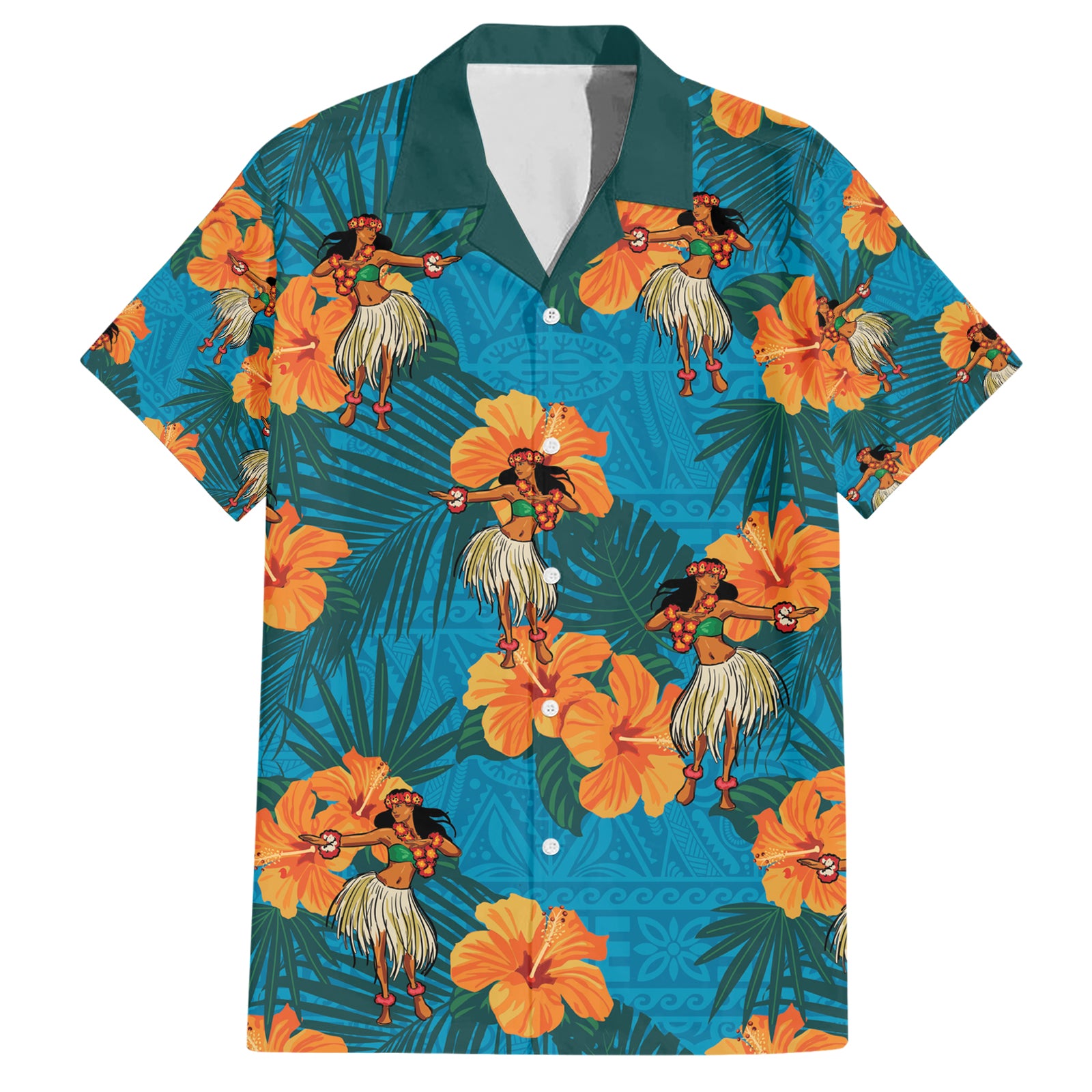 Hawaii Luau Party Hawaiian Shirt Dancing Girl Tropical Flowers LT14 Blue - Polynesian Pride