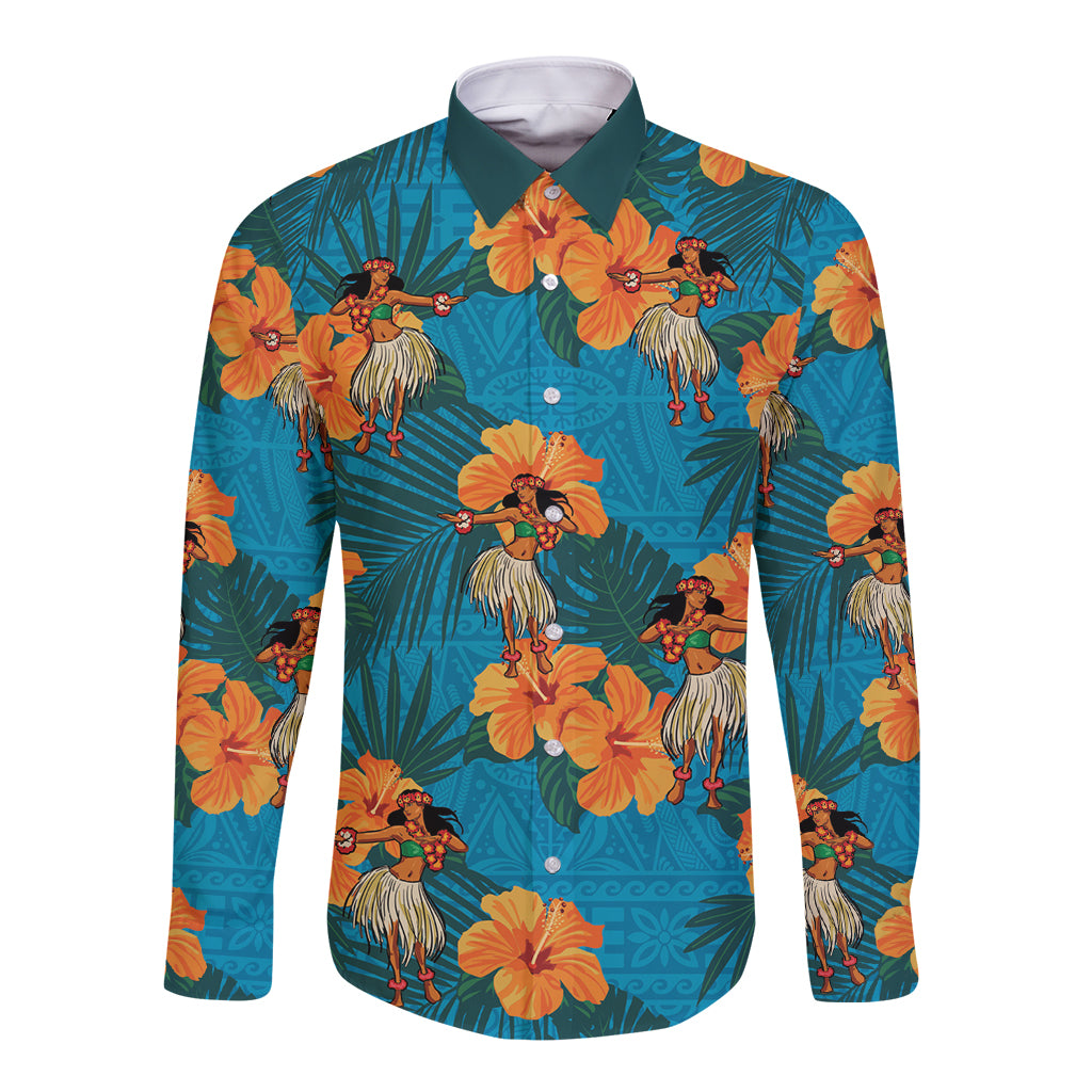 Hawaii Luau Party Long Sleeve Button Shirt Dancing Girl Tropical Flowers LT14 Unisex Blue - Polynesian Pride