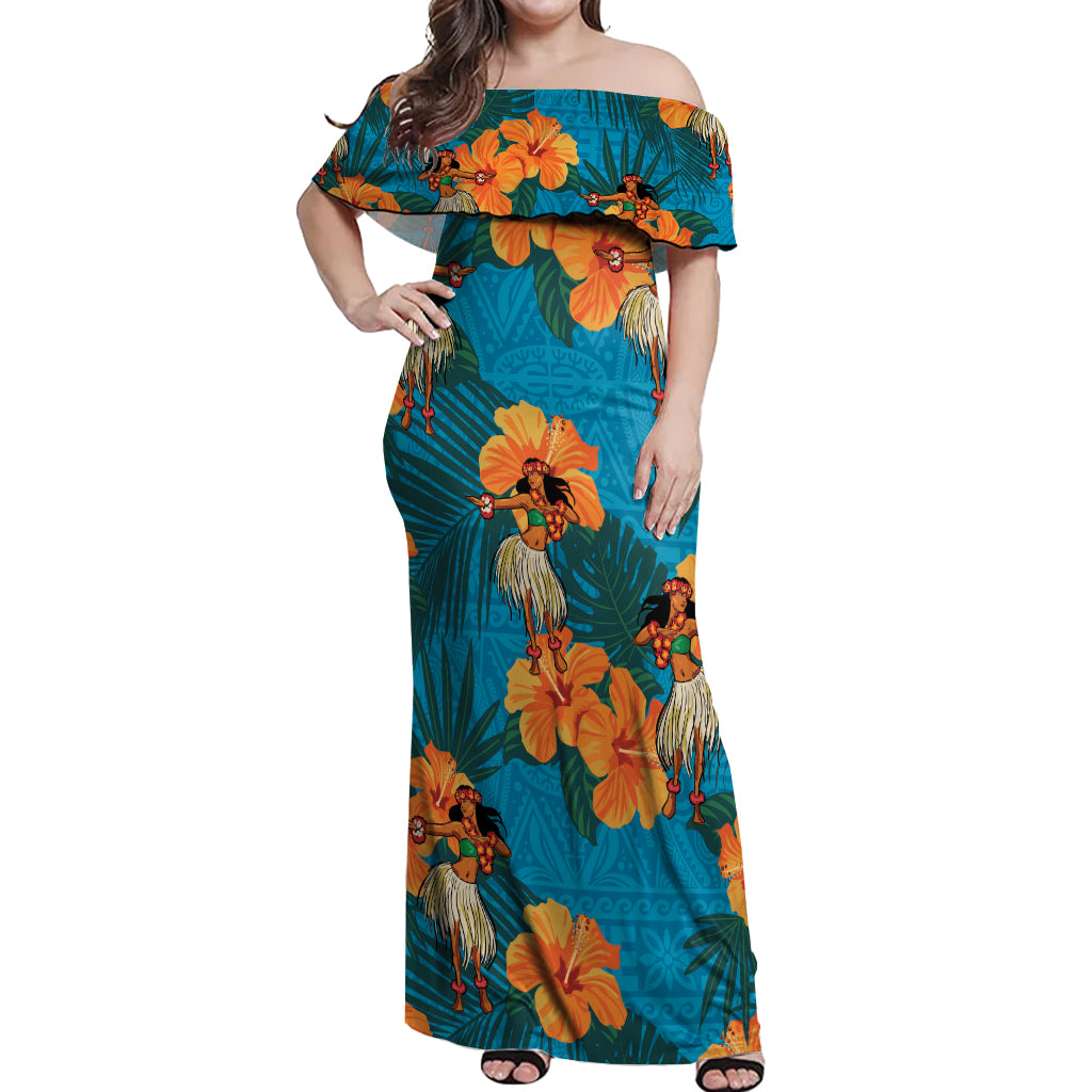 Hawaii Luau Party Off Shoulder Maxi Dress Dancing Girl Tropical Flowers LT14 Women Blue - Polynesian Pride