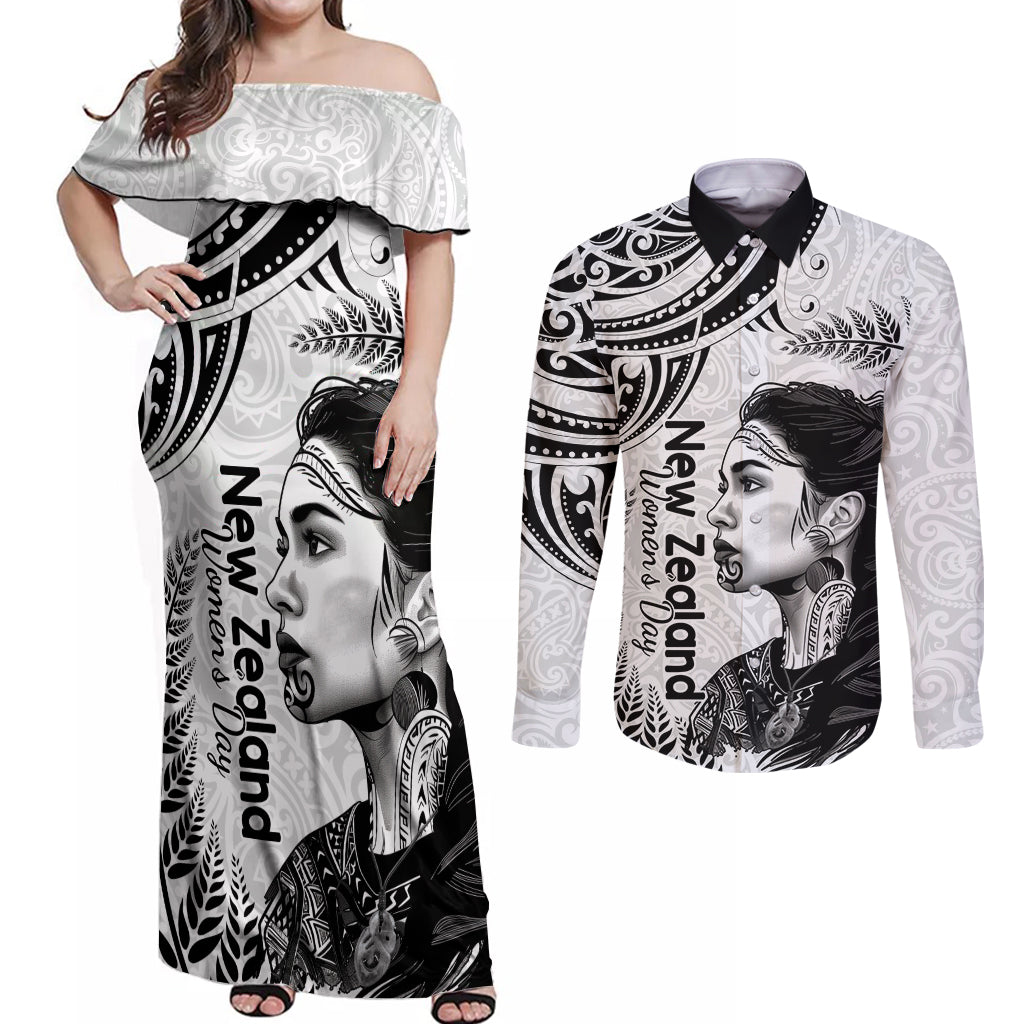 New Zealand Women's Day Couples Matching Off Shoulder Maxi Dress and Long Sleeve Button Shirt Aotearoa Kia Whakapumau Te Mana Wahine LT14 White - Polynesian Pride