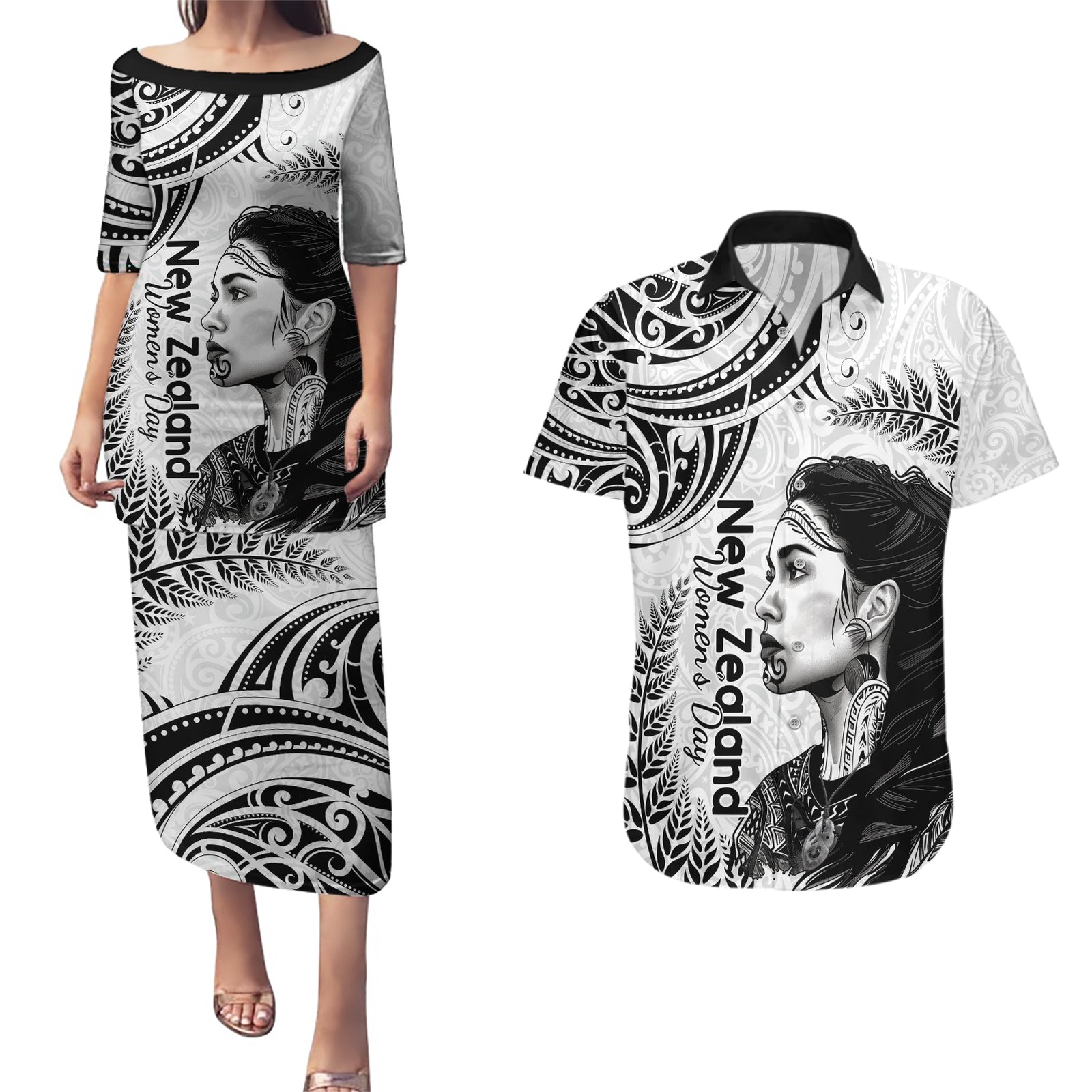 New Zealand Women's Day Couples Matching Puletasi and Hawaiian Shirt Aotearoa Kia Whakapumau Te Mana Wahine LT14 White - Polynesian Pride