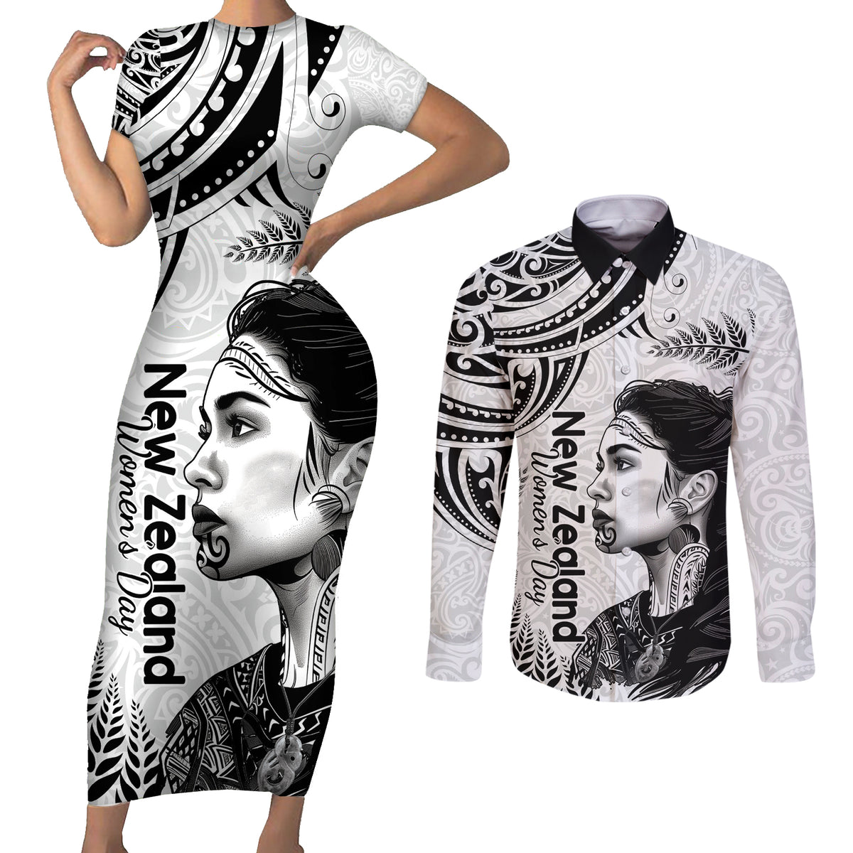 New Zealand Women's Day Couples Matching Short Sleeve Bodycon Dress and Long Sleeve Button Shirt Aotearoa Kia Whakapumau Te Mana Wahine LT14 White - Polynesian Pride