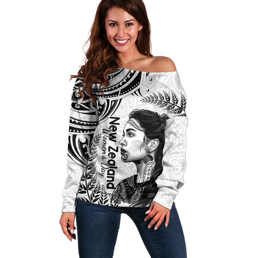 New Zealand Women's Day Off Shoulder Sweater Aotearoa Kia Whakapumau Te Mana Wahine LT14 Women White - Polynesian Pride