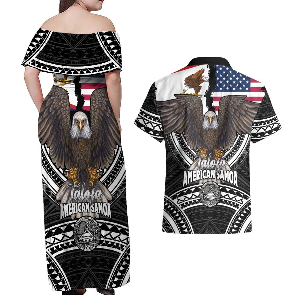 Talofa American Samoa Flag Day Couples Matching Off Shoulder Maxi Dress and Hawaiian Shirt Bald Eagle Polynesian Tattoo