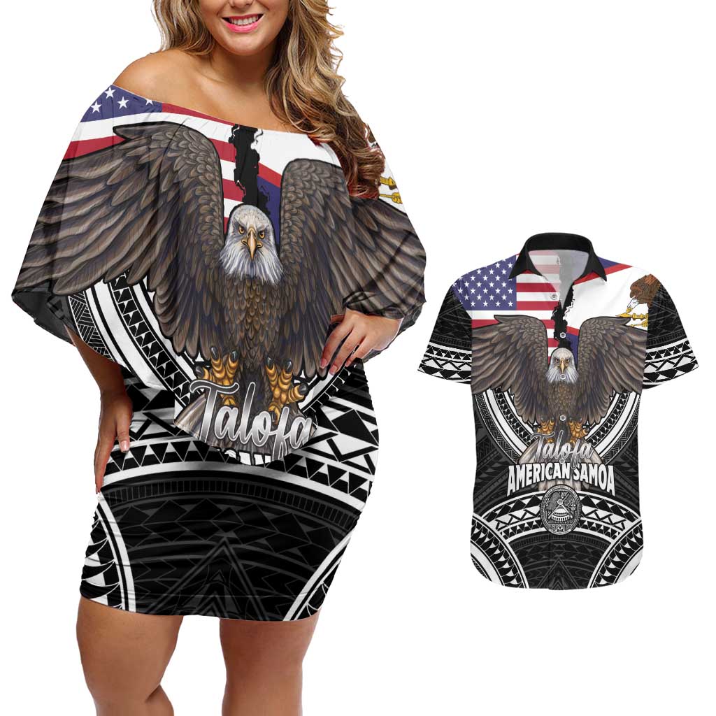 Talofa American Samoa Flag Day Couples Matching Off Shoulder Short Dress and Hawaiian Shirt Bald Eagle Polynesian Tattoo