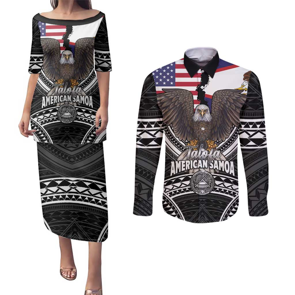 Talofa American Samoa Flag Day Couples Matching Puletasi and Long Sleeve Button Shirt Bald Eagle Polynesian Tattoo