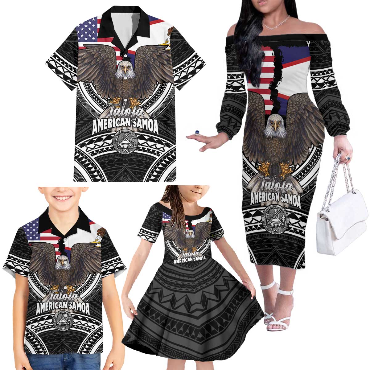 Talofa American Samoa Flag Day Family Matching Off The Shoulder Long Sleeve Dress and Hawaiian Shirt Bald Eagle Polynesian Tattoo